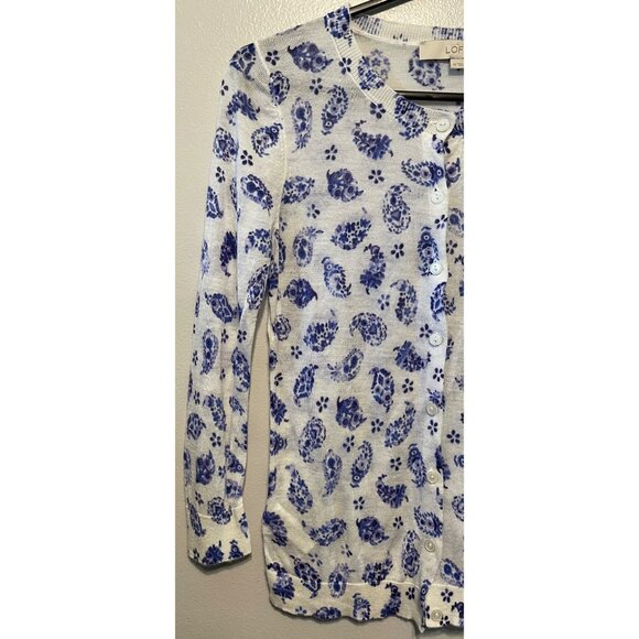 💙 LOFT XS Blue & White Paisley Cardigan – Lightweight Knit Sweater - Picture 4 of 8